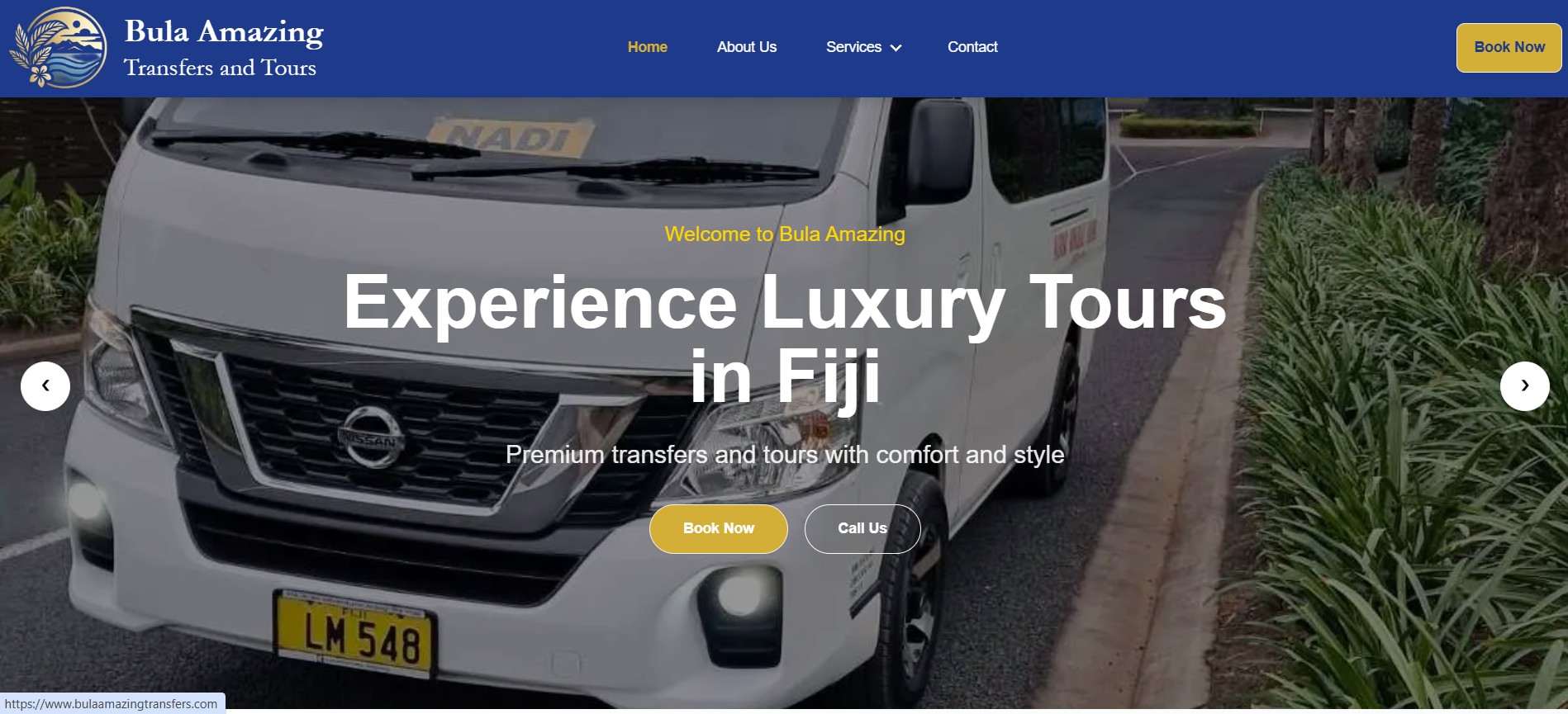 Bula Amazing Transfers & Tours Fiji website screenshot, showing tour packages and booking options.