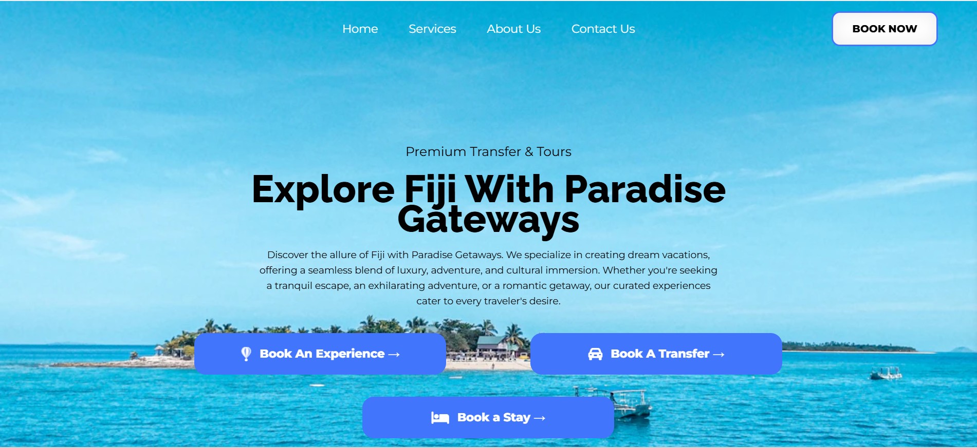 Paradise Getaways Fiji tourism website screenshot post-revamp, showcasing tour booking interface.